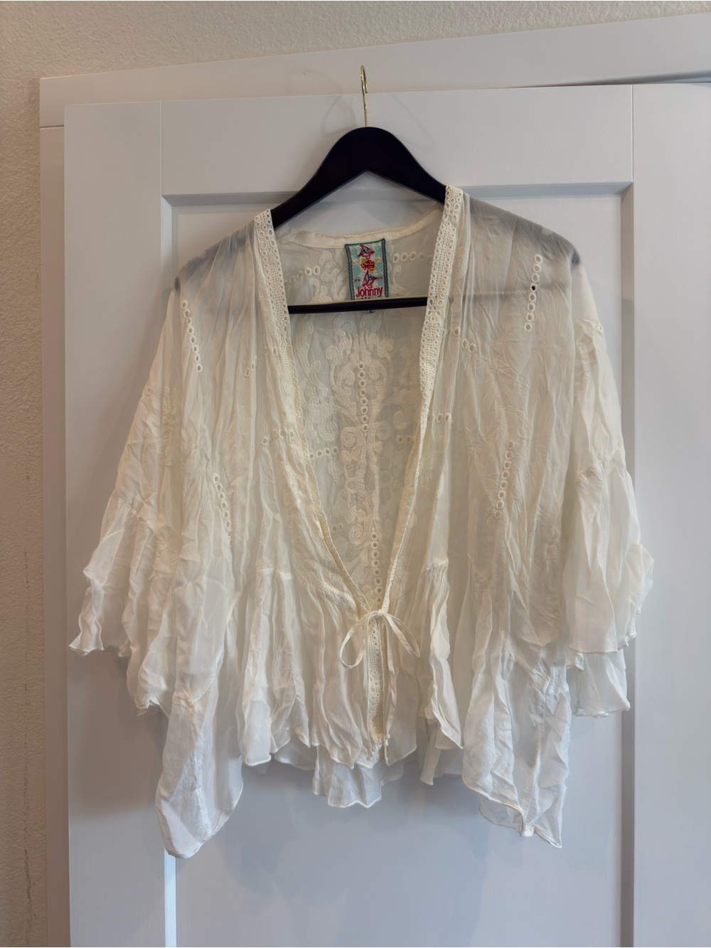 Johnny Was Boho white Lace Tie-Front Kimono